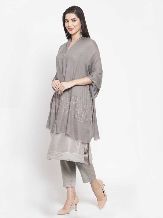 Grey cashmere stole with Swarovski floral vine shimmer