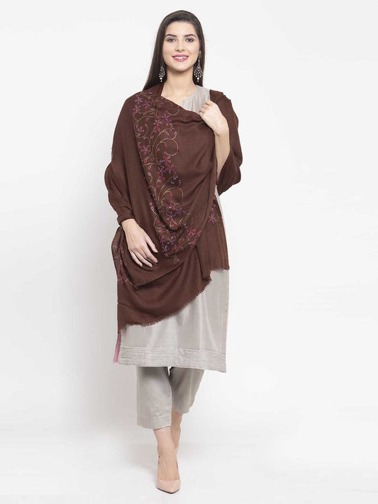 Coffee brown cashmere stole with Swarovski floral bloom crystals