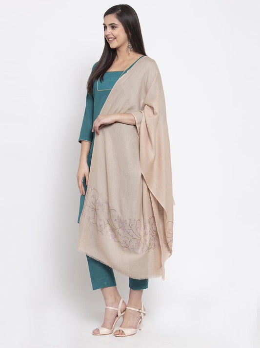 Beige cashmere stole with Swarovski floral bloom in dual tones