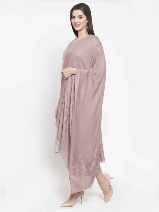 Dark rose nude beige cashmere stole with Swarovski rose floral vine pattern