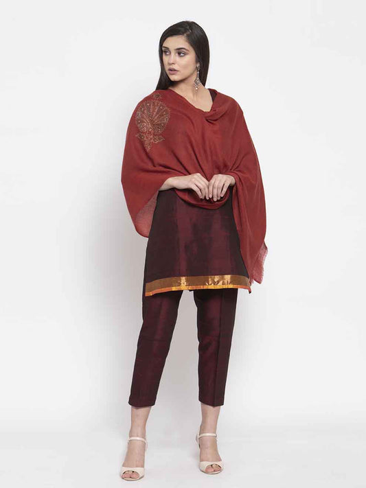 Terracotta coral red cashmere stole with Swarovski motif crystals for festive styling