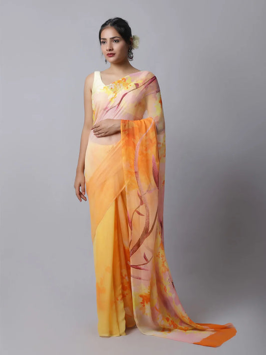 Amber Silk Chiffon Saree with vibrant yellow tones
