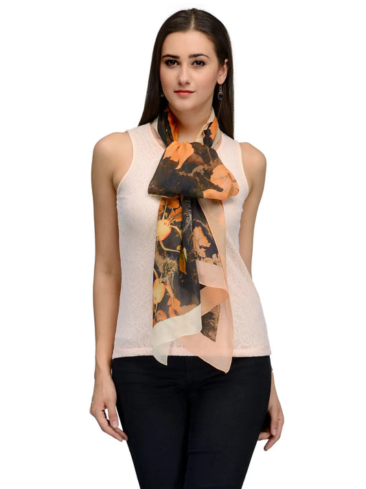 Black and Orange Maple Bloom Silk Chiffon Stole | Floral Designer Scarf