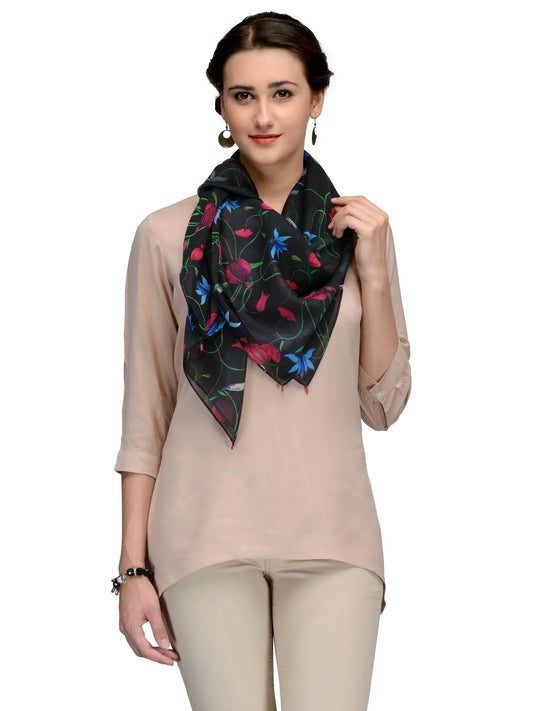 Black cotton silk scarf with jewel-toned florals