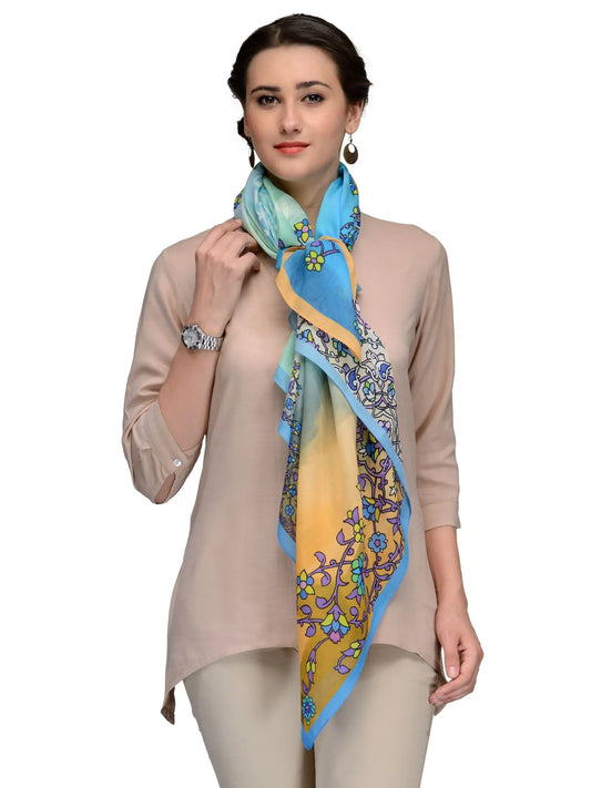Mustard and blue cotton silk scarf with jewel florals