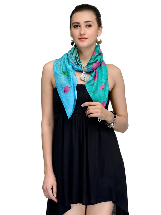 Ocean blue cotton silk scarf with pink florals
