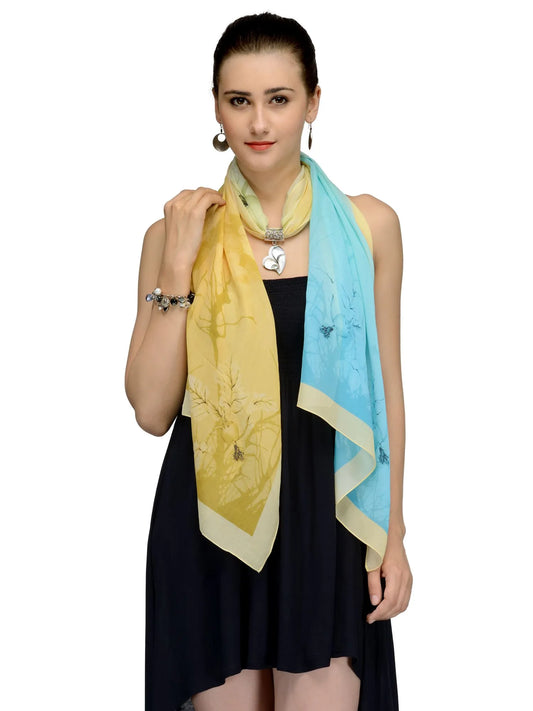 Teal and Gold Botanical Silk Chiffon Stole | Teal Aurelia Floral Designer Scarf