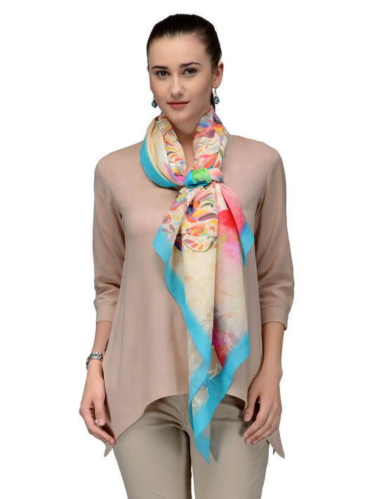 Artistic Indian Bloom scarf in multicolor with turquoise