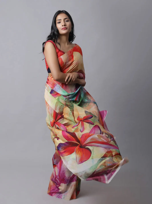 Celosia Crepe Silk Saree with vibrant floral patterns