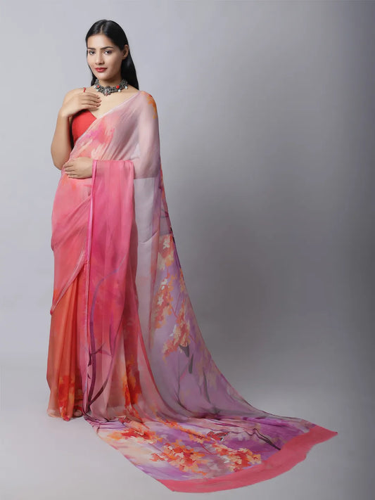 Coral Ruby Silk Chiffon Saree - Soft Pink Tones