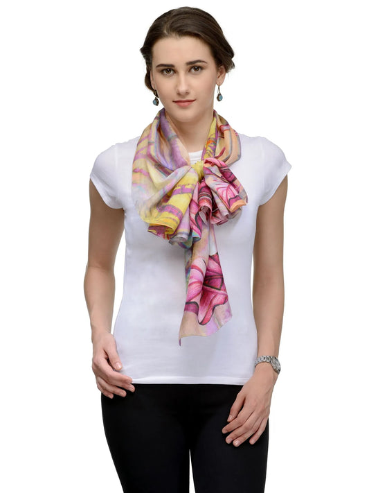 Tropical Wine Silk Satin Stole with Watercolor Bird and Bamboo on Wine Base