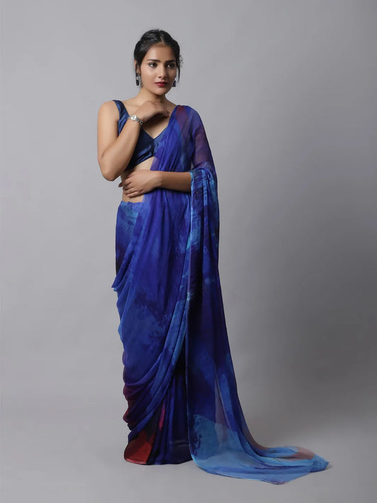 Dazzling Blue Silk Chiffon Saree with bold colors