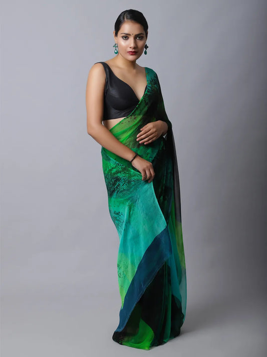 Emerald Silk Chiffon Saree with Nature-Inspired Prints