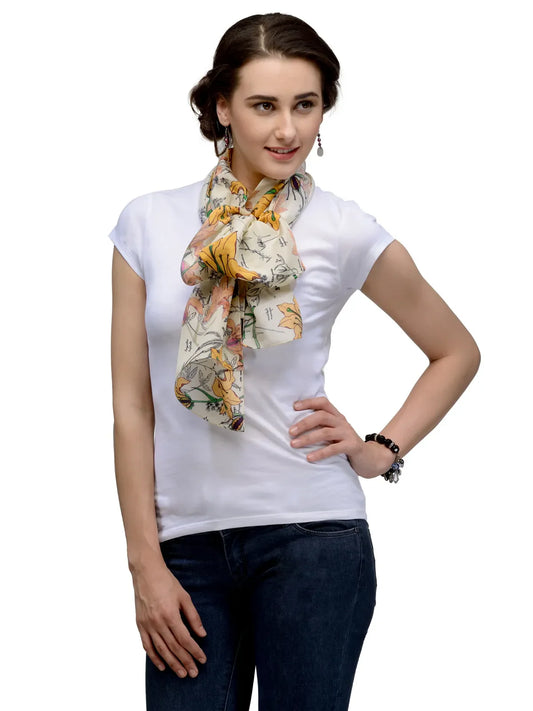 Golden Hibiscus Silk Satin Stole with Yellow Florals on Cream