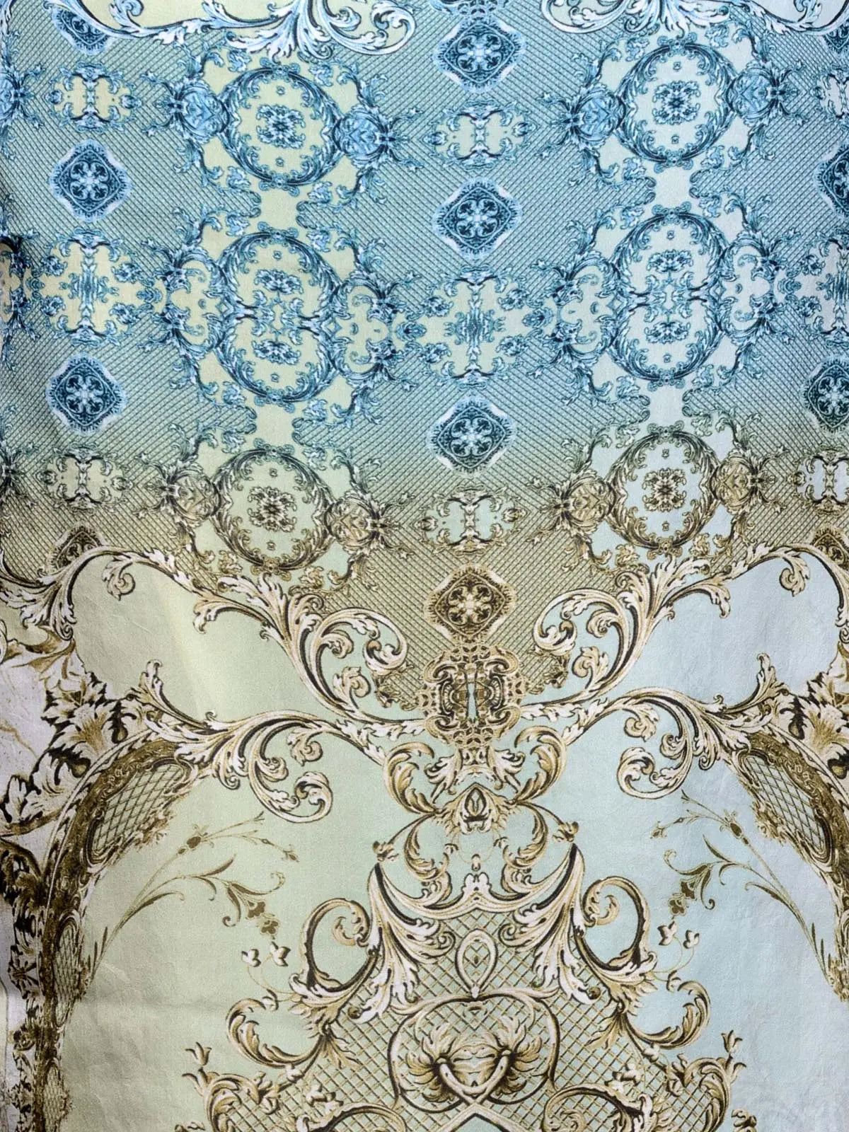 Baroque Ice Silk Satin Stole with Gold Trellis on Blue and Grey Base