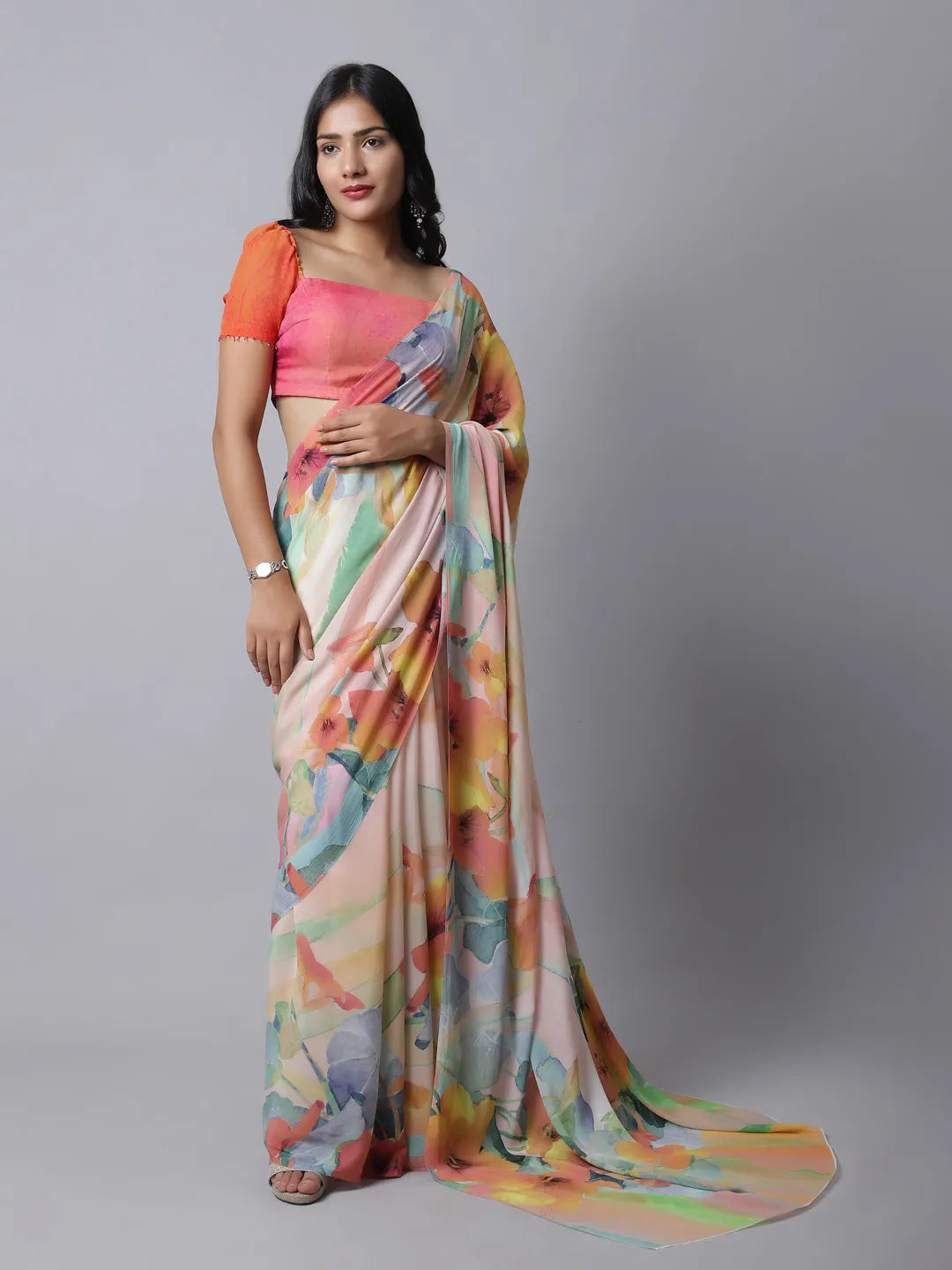Hana Falls Crepe Silk Saree in misty blue