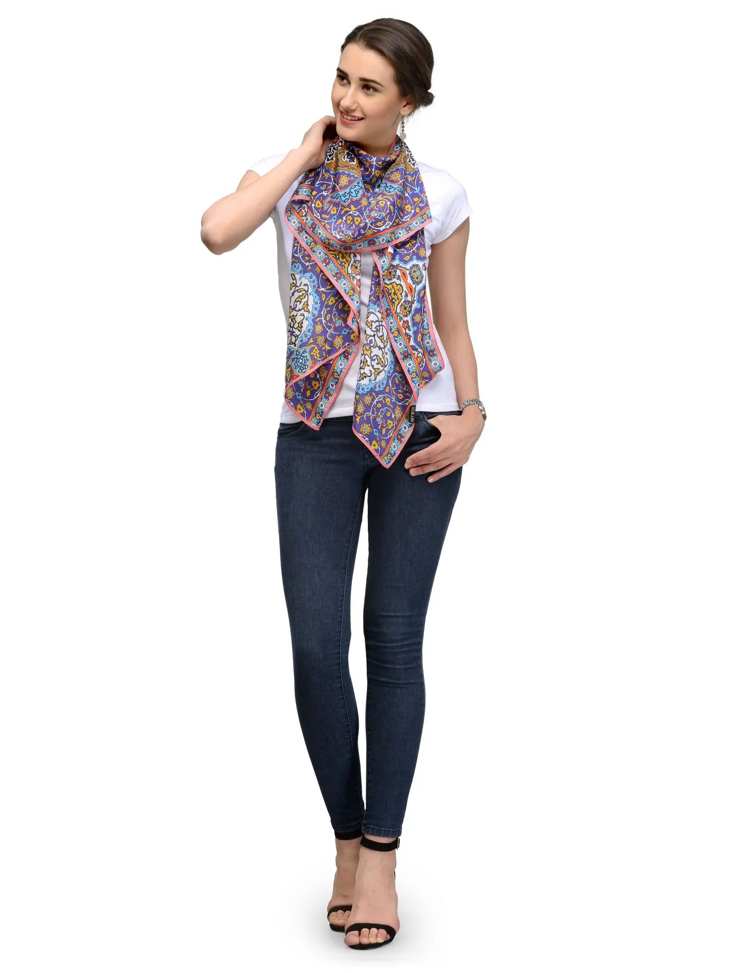 Meenakar Indigo Blue Silk Satin Stole with Mughal-Inspired Oriental Pattern