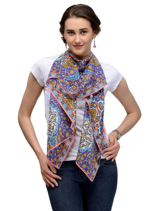 Meenakar Indigo Blue Silk Satin Stole with Mughal-Inspired Oriental Pattern