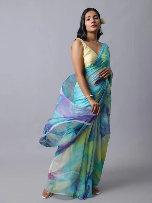 Iris Silk Chiffon Saree - Blue and Mint Floral Saree