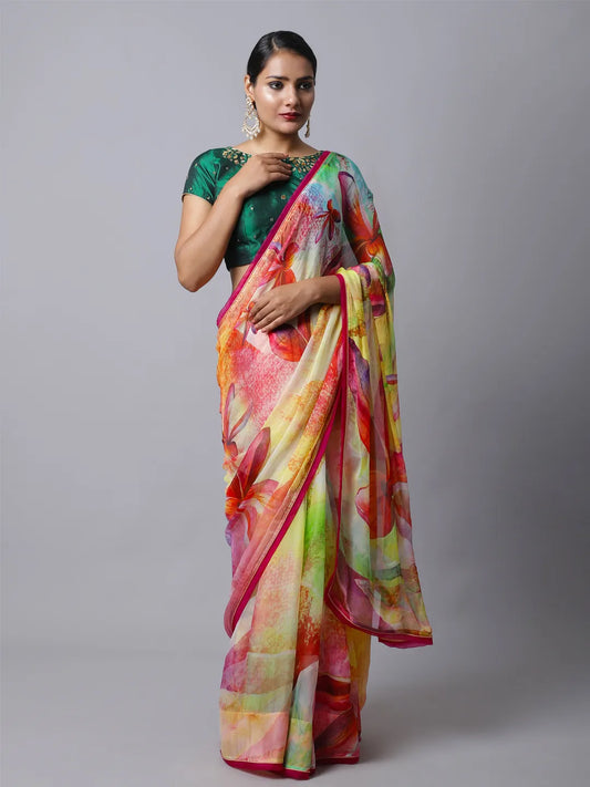 Lantana Silk Chiffon Saree - Multicolor Floral Design