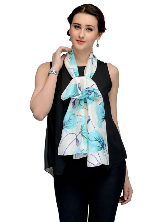 Blue Sky Lily Silk Satin Stole with White Floral on Cream