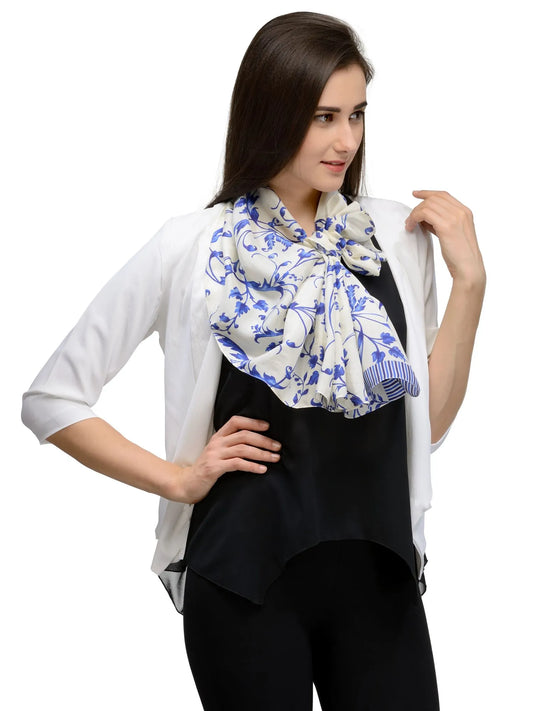 Blue Toile Silk Satin Stole with English Monochrome Toile-Style Floral Design