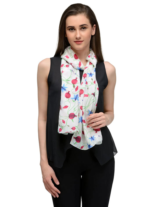 Pomo Ivory Bagh Silk Satin Stole with Red Pomegranates and Green Leaf Motif