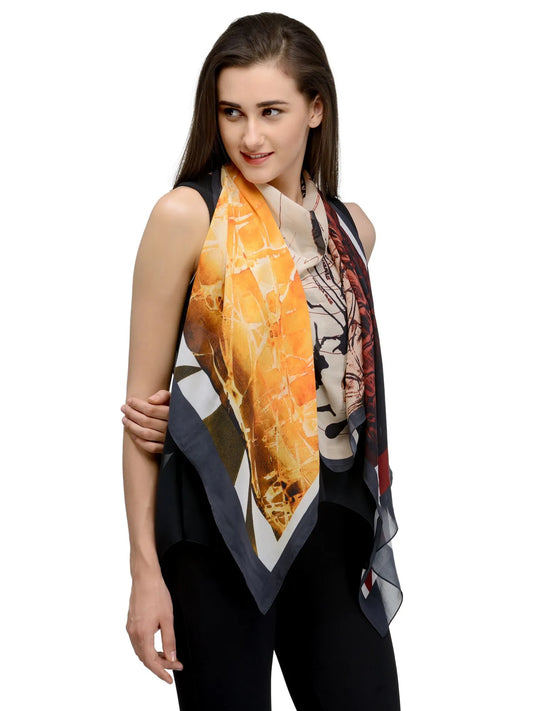 Molten Glow Amber and Charcoal Silk Chiffon Stole | Textured Designer Scarf