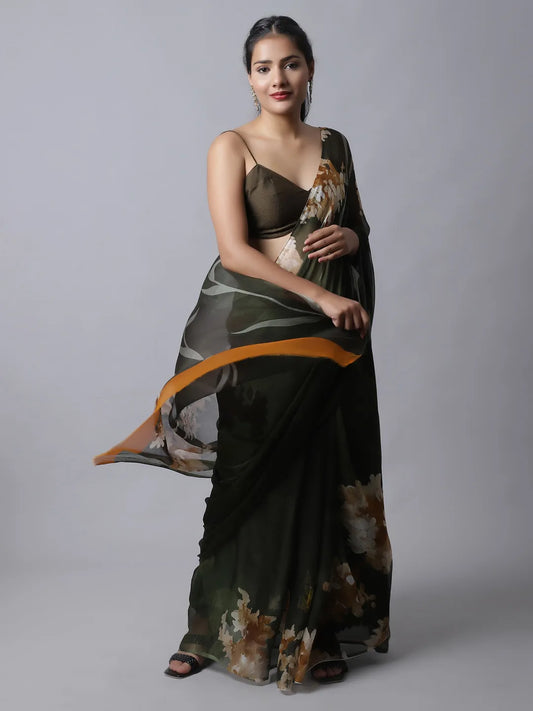 Olive Eden Silk Chiffon Saree with earthy tones