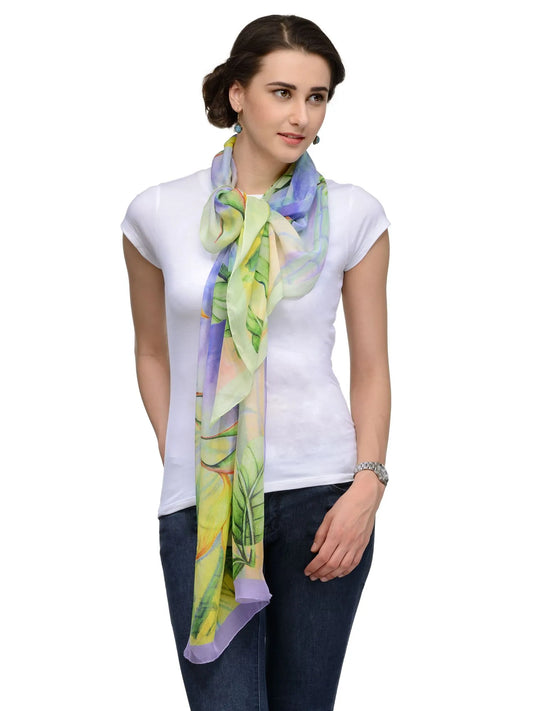 Lime Paradise Silk Chiffon Stole | Tropical Green and Yellow Floral Birds of Paradise Scarf