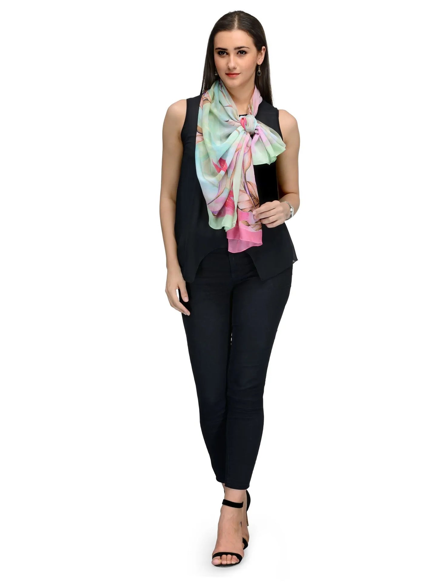 Mint Green and Blush Pink Paradise Floral Silk Chiffon Stole | Designer Botanical Scarf