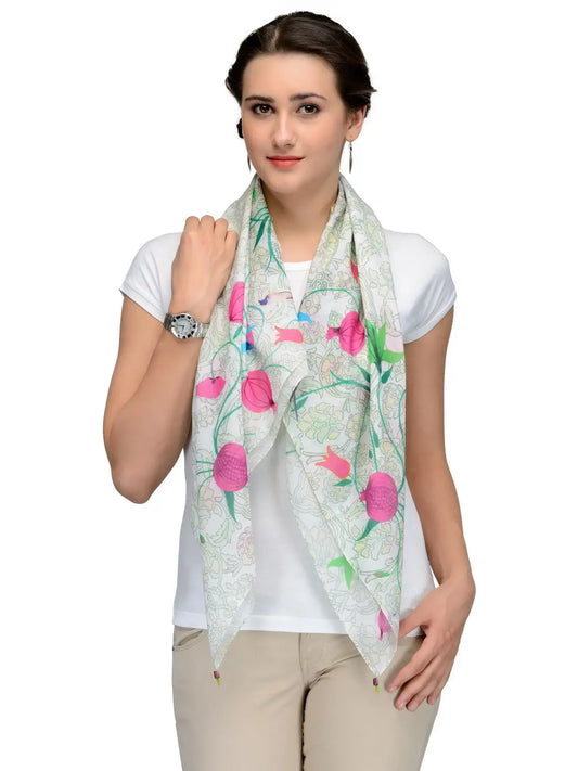 Cream cotton silk scarf with pink pomegranates