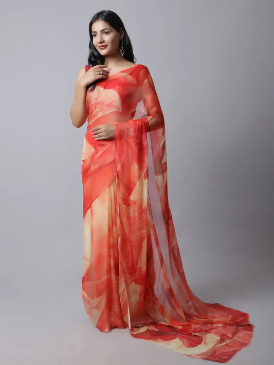 Ruby Red Silk Chiffon Saree with Floral Accents