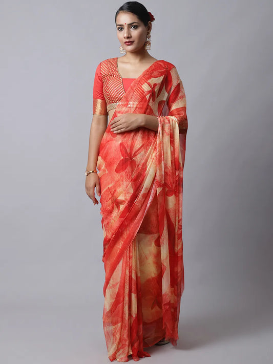 Ruby Red Festive Silk Chiffon Saree with florals
