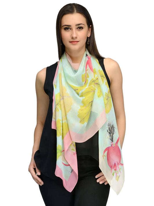Seafoam Green and Coral Silk Chiffon Stole | Sea-Inspired Botanical Scarf