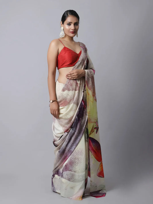 Scarlet Sage Crepe Silk Saree with bold floral design