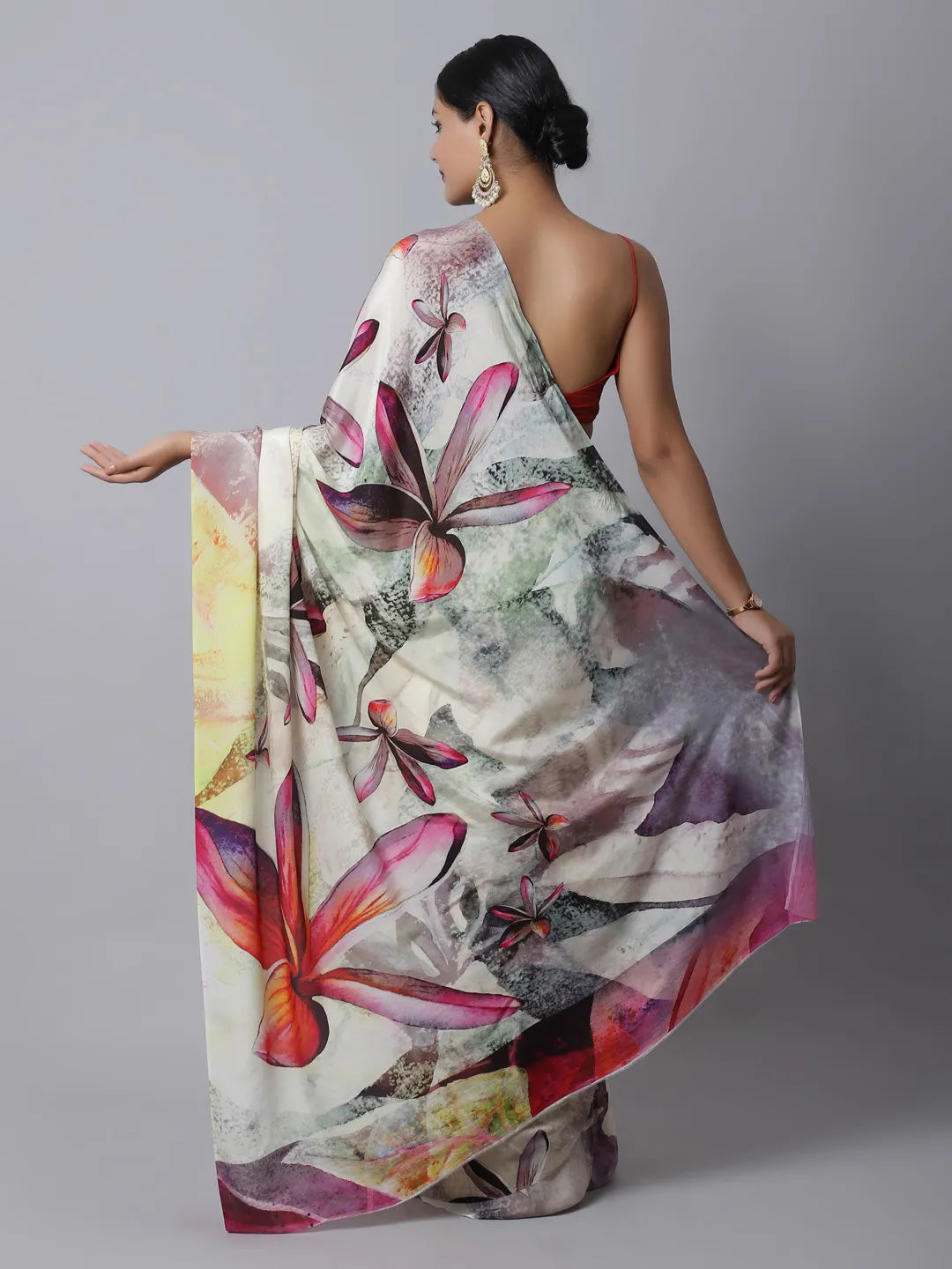 Scarlet Sage Crepe Silk Saree with bold floral design