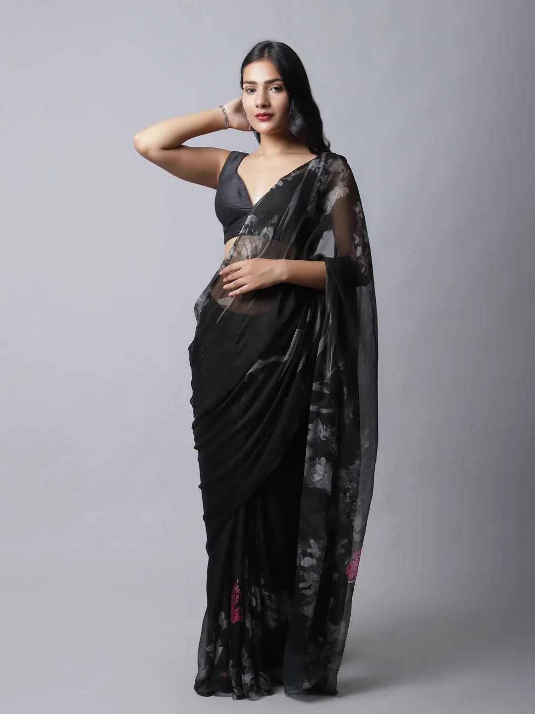 Shale Silk Chiffon Saree in bold black and fuchsia