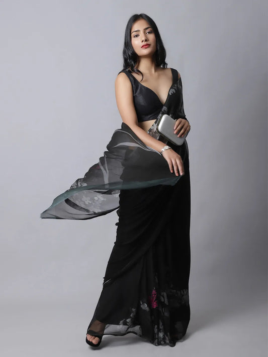 Shale Silk Chiffon Saree in bold black and fuchsia