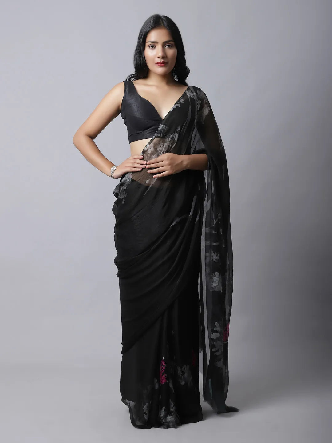 Shale Silk Chiffon Saree in bold black and fuchsia