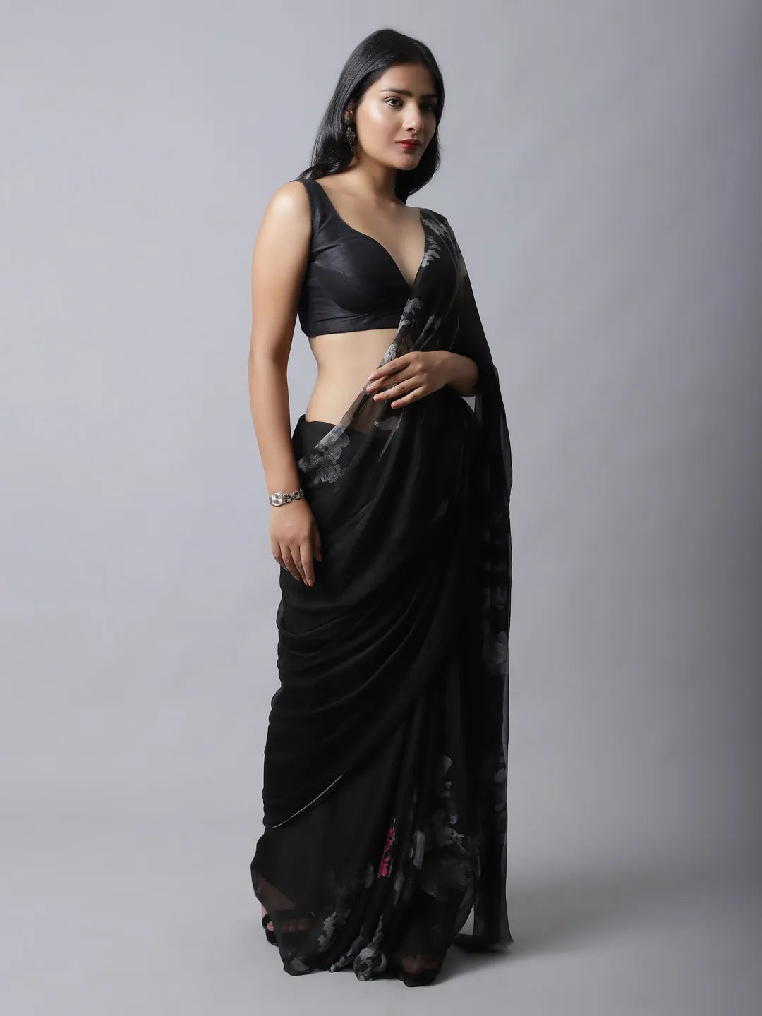 Shale Silk Chiffon Saree in bold black and fuchsia