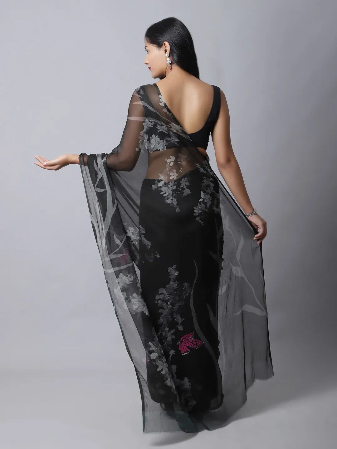 Shale Silk Chiffon Saree in bold black and fuchsia