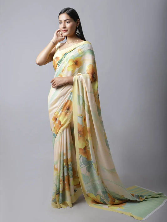 Soleil Yellow Crepe Silk Saree with Floral Patterns