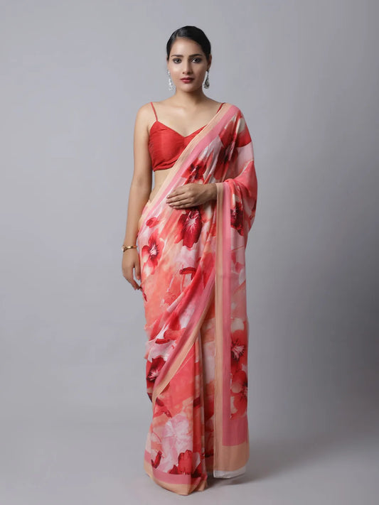 Strawberry Crepe Silk Saree with romantic floral hues