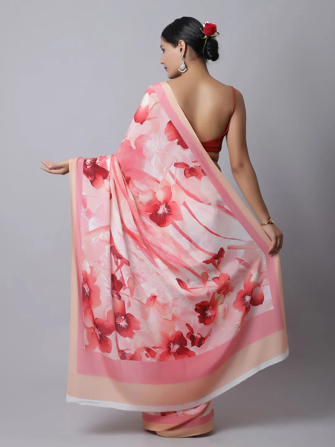 Strawberry Crepe Silk Saree with romantic floral hues