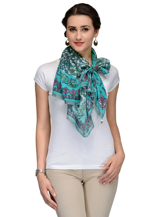 Teal green cotton silk scarf with Mughal floral motifs