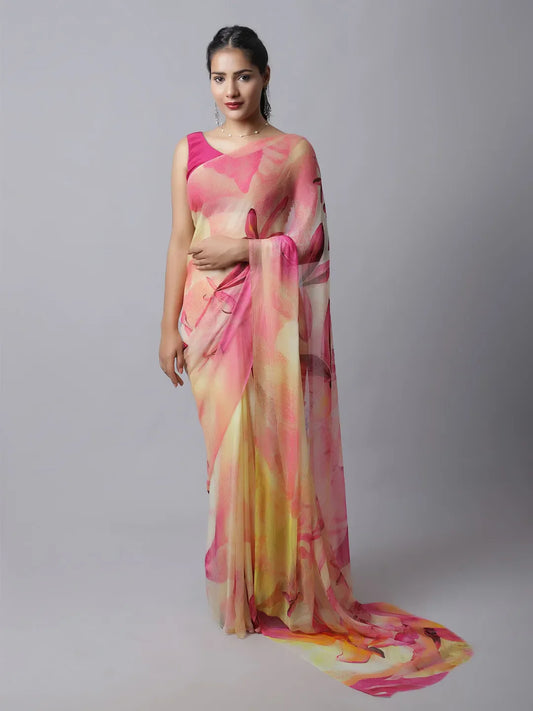 Tiffany Rose Silk Chiffon Saree in pink and yellow