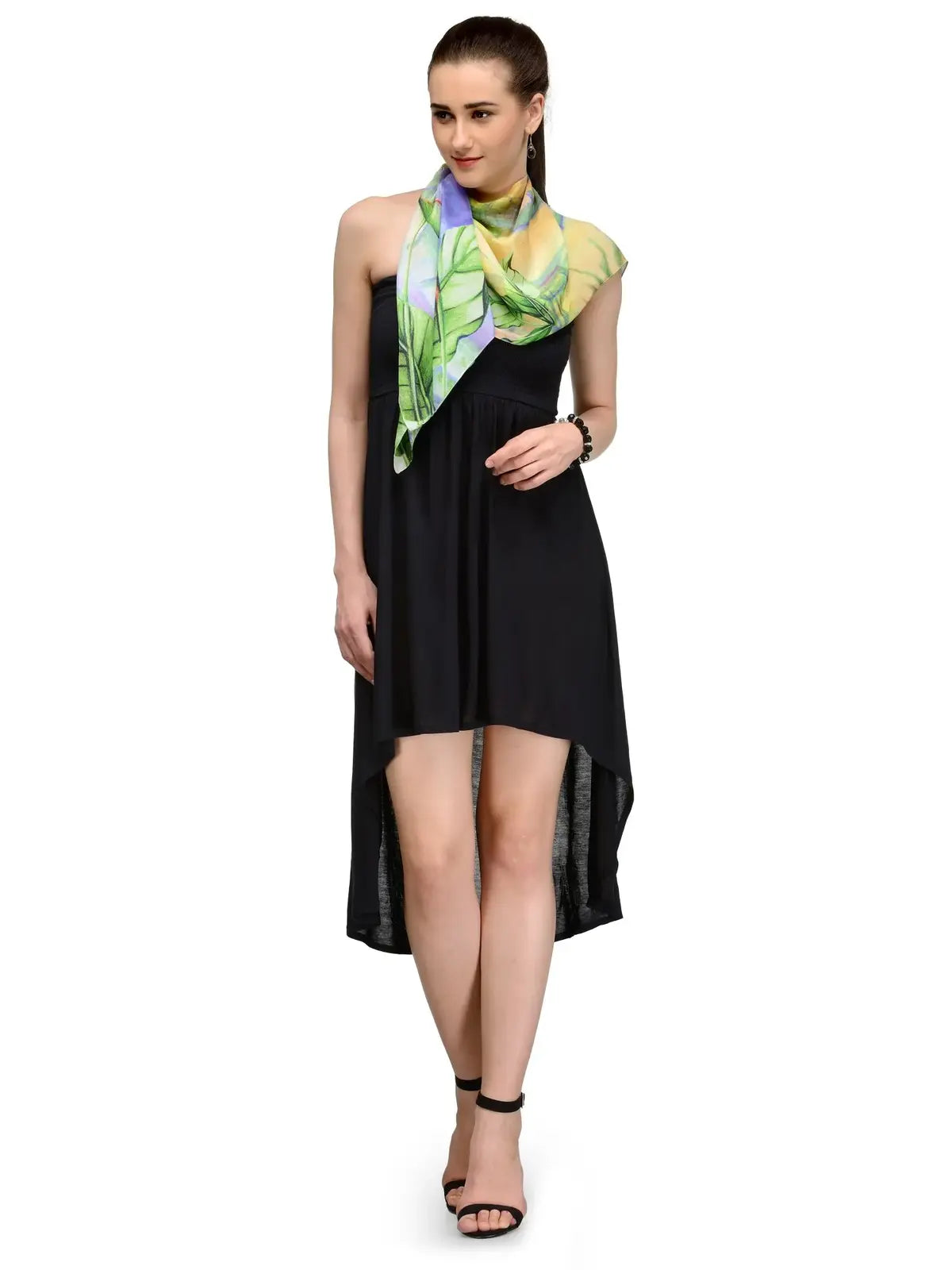 Tropical Meadow Silk Satin Stole with Green Bamboo and Birds of Paradise Print