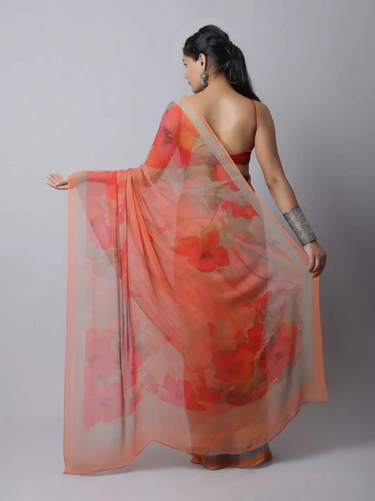 Tangerine Silk Chiffon Saree with bold orange tones