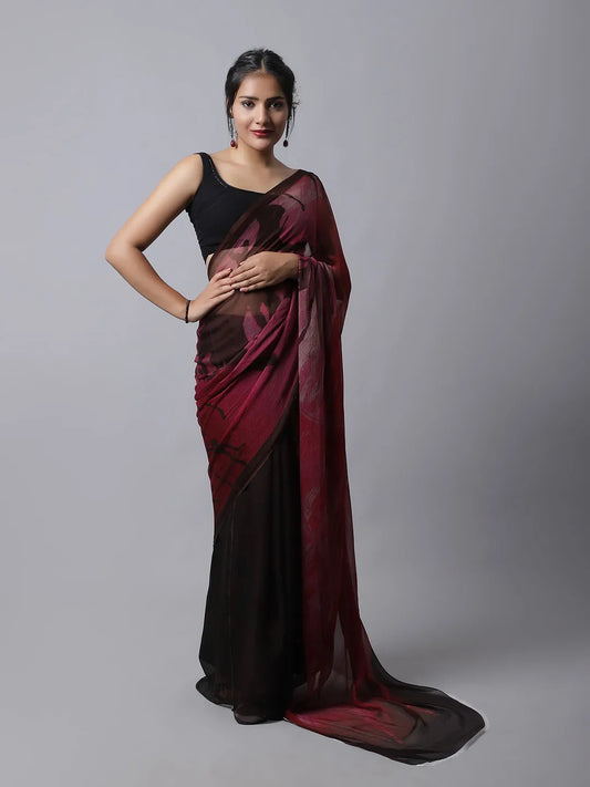 Wine Lilium Silk Chiffon Saree